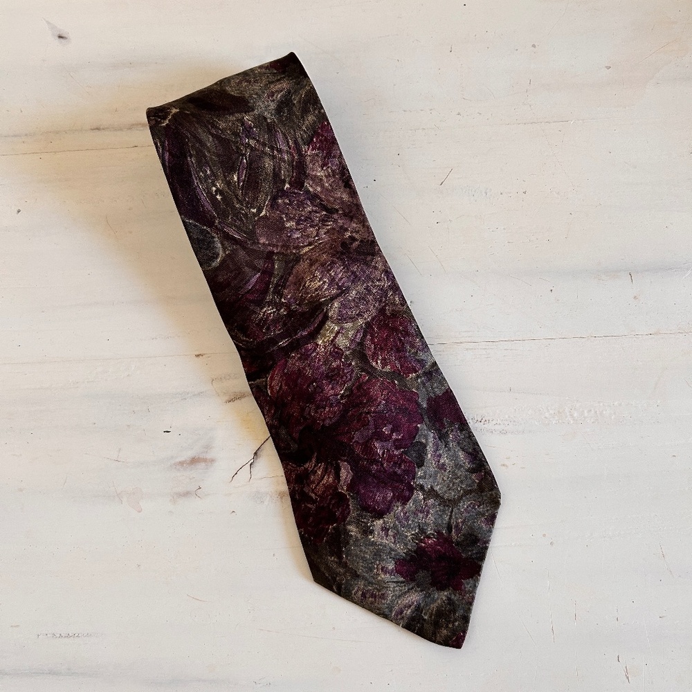 Bachrach Abstract Floral Black Dark Purple And Gray Landscape Silk Tie Necktie